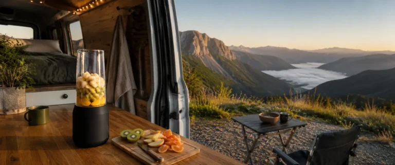 Un blender portable rempli de fruits frais posé sur le plan de travail en bois d'un van aménagé ouvert sur un paysage de montagnes au lever du soleil.