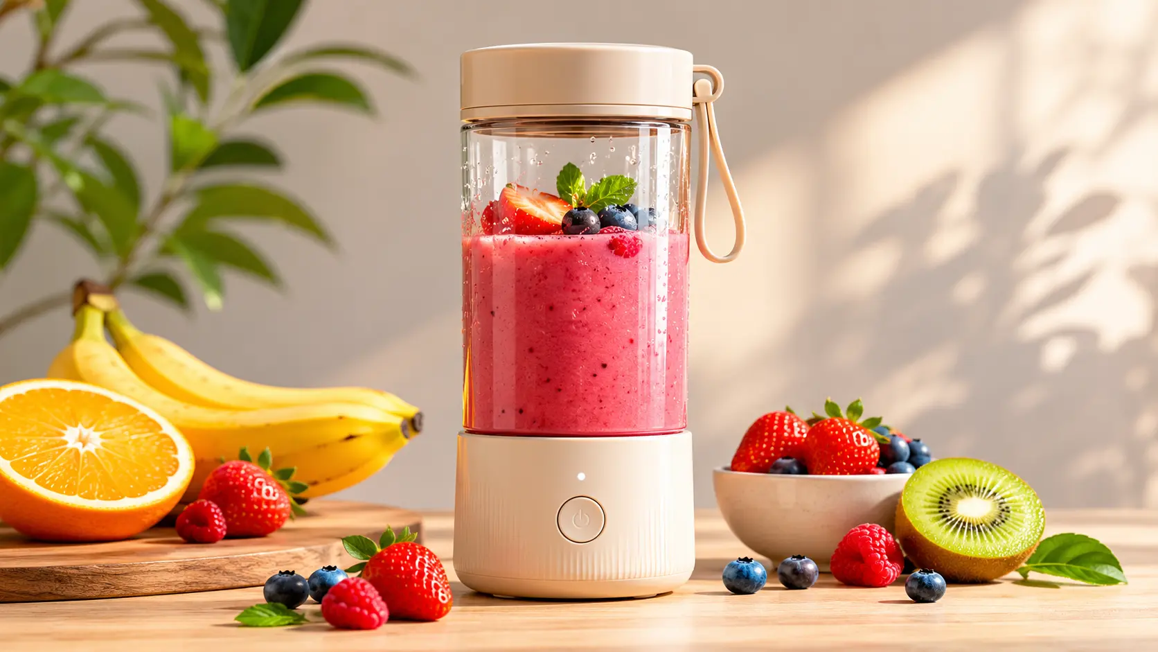 Un blender portable compact préparant un smoothie aux fruits rouges avec des fraises, des bananes et des kiwis